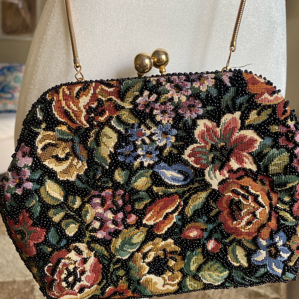 Vtg  French floral tapestry fully beaded purse gold chain strap 1950s design